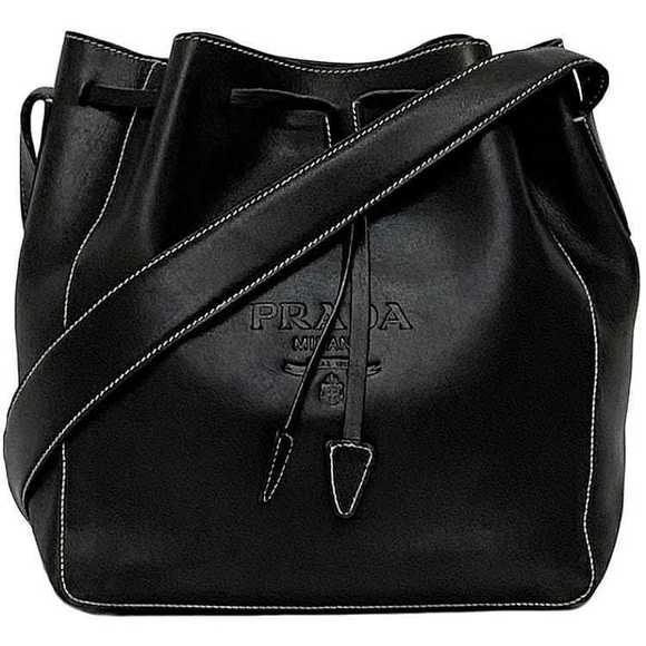 Prada Shoulder Nero Leather Bucket Drawstring Bag Black - Picture 1 of 9